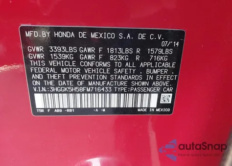 2015 Honda Fit Lx z USA, uszkodzony, nr VIN 3HGGK5H58FM716433